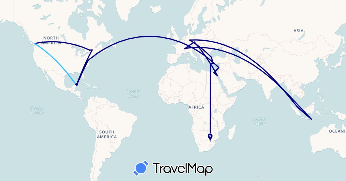 TravelMap itinerary: driving, plane, boat in Canada, Switzerland, Czech Republic, Germany, Egypt, Indonesia, Lebanon, Mexico, Singapore, Turkey, United States, South Africa (Africa, Asia, Europe, North America)