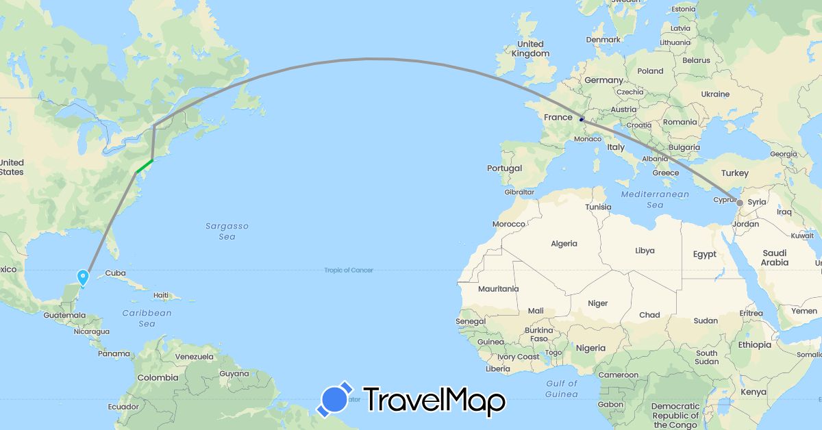 TravelMap itinerary: driving, bus, plane, boat in Canada, Switzerland, Lebanon, Mexico, United States (Asia, Europe, North America)